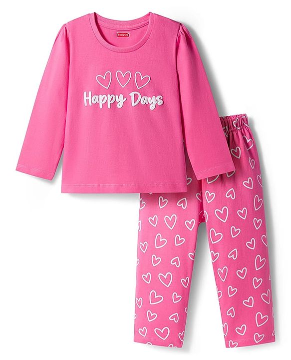 Babyhug Cotton Knit Full Sleeves Night Suit With Heart Print - Pink