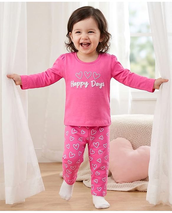 Babyhug Cotton Knit Full Sleeves Night Suit With Heart Print - Pink