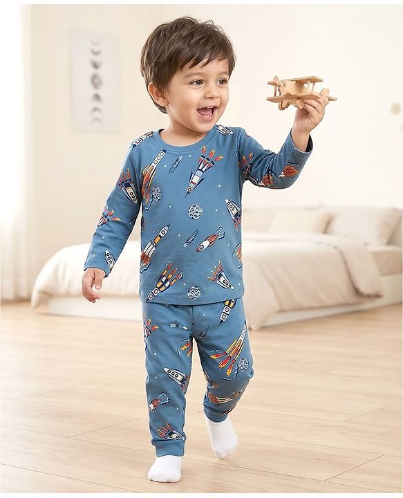 Babyhug Cotton Knit Full Sleeves Co-ord Night Suit With Rocket Print - Blue