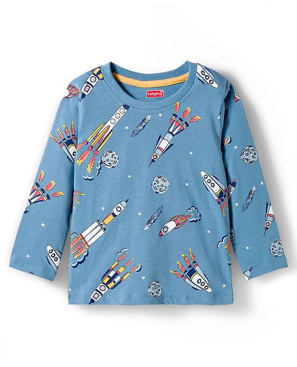 Babyhug Cotton Knit Full Sleeves Co-ord Night Suit With Rocket Print - Blue