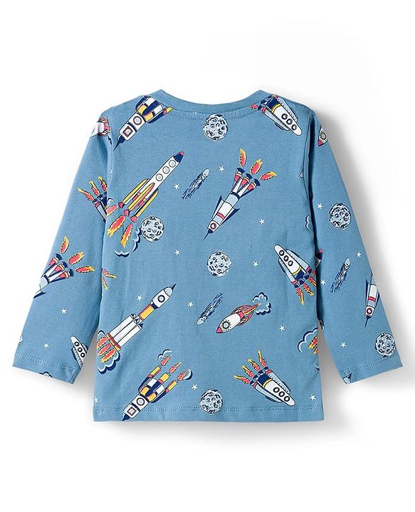 Babyhug Cotton Knit Full Sleeves Co-ord Night Suit With Rocket Print - Blue