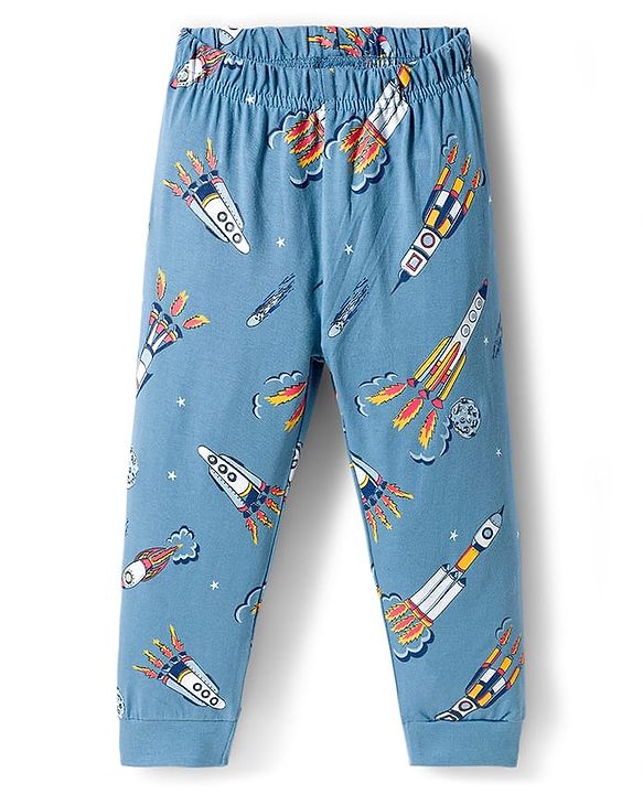 Babyhug Cotton Knit Full Sleeves Co-ord Night Suit With Rocket Print - Blue