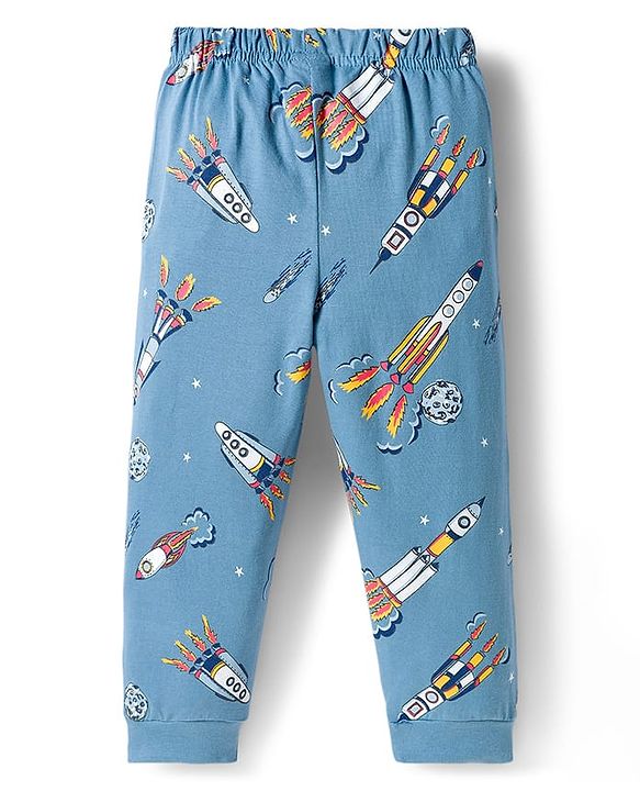 Babyhug Cotton Knit Full Sleeves Co-ord Night Suit With Rocket Print - Blue