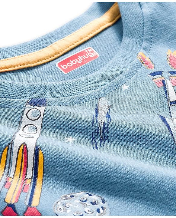 Babyhug Cotton Knit Full Sleeves Co-ord Night Suit With Rocket Print - Blue