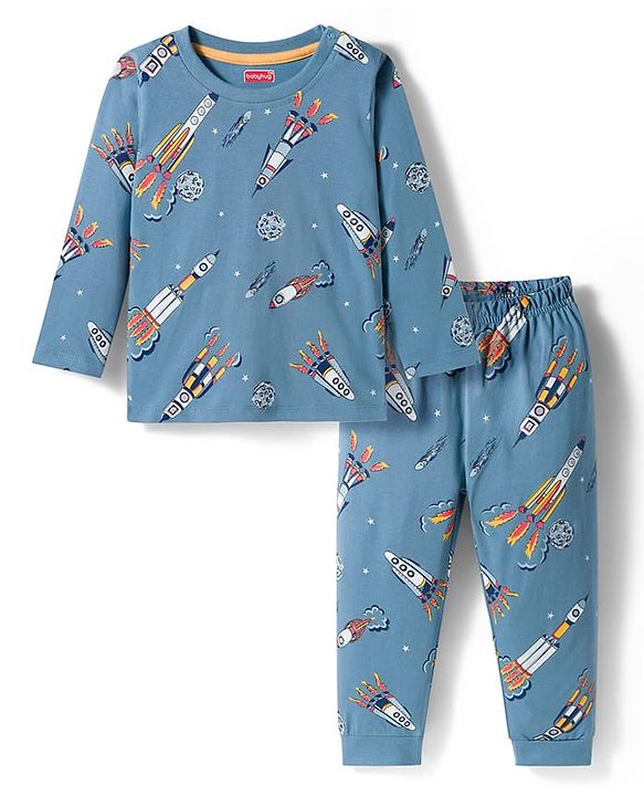 Babyhug Cotton Knit Full Sleeves Co-ord Night Suit With Rocket Print - Blue