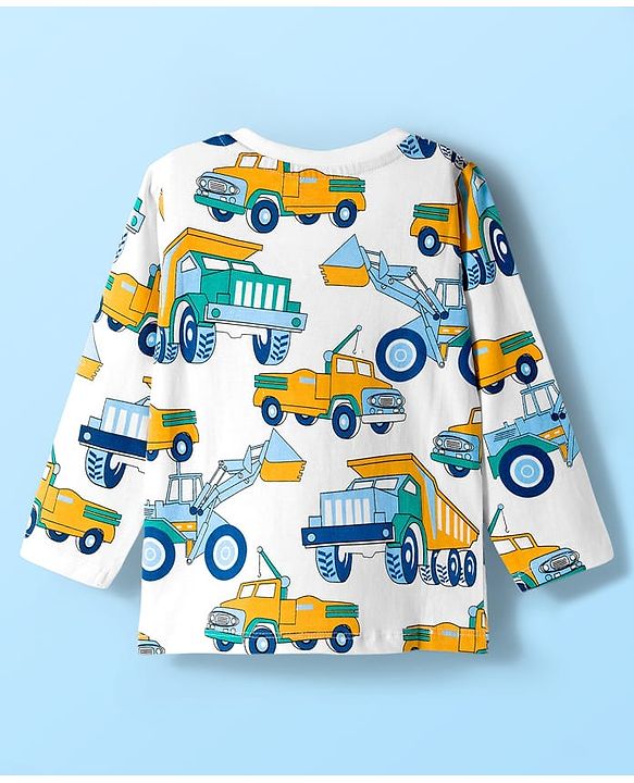Babyhug Cotton Knit Full Sleeves Co-ord Night Suit With Truck Print - White