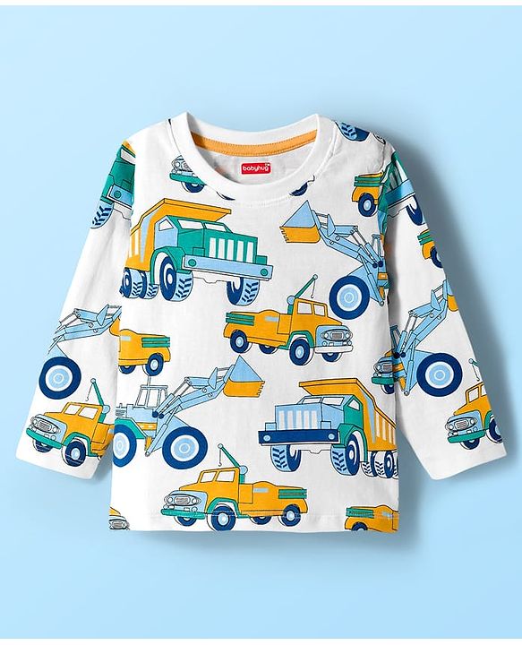 Babyhug Cotton Knit Full Sleeves Co-ord Night Suit With Truck Print - White