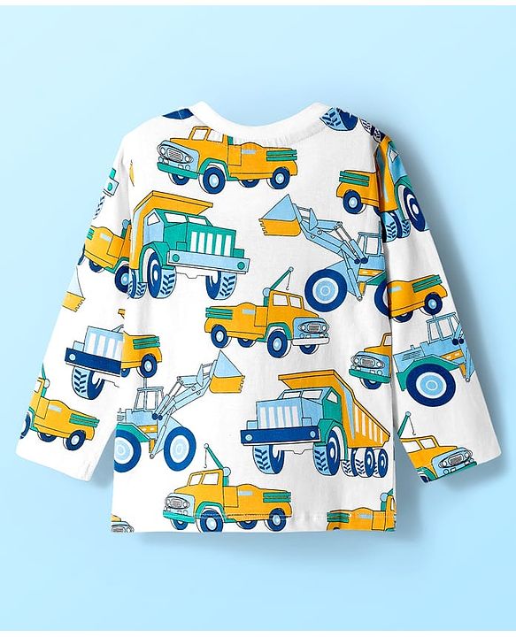 Babyhug Cotton Knit Full Sleeves Co-ord Night Suit With Truck Print - White