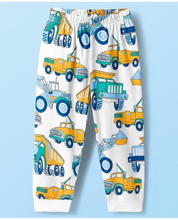 Babyhug Cotton Knit Full Sleeves Co-ord Night Suit With Truck Print - White