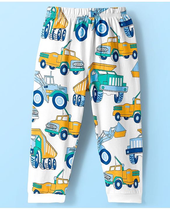 Babyhug Cotton Knit Full Sleeves Co-ord Night Suit With Truck Print - White