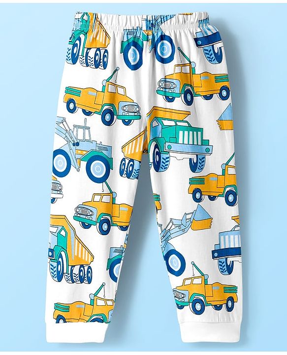 Babyhug Cotton Knit Full Sleeves Co-ord Night Suit With Truck Print - White