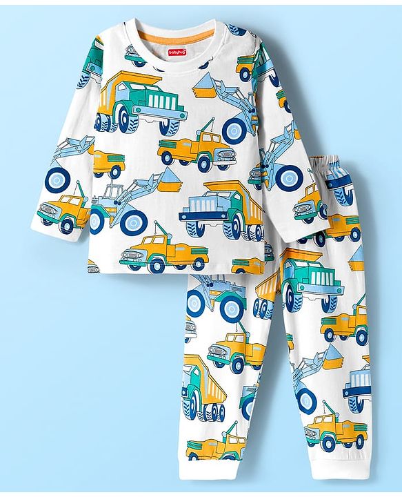 Babyhug Cotton Knit Full Sleeves Co-ord Night Suit With Truck Print - White