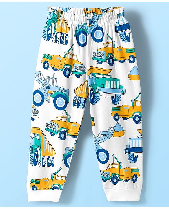 Babyhug Cotton Knit Full Sleeves Co-ord Night Suit With Truck Print - White