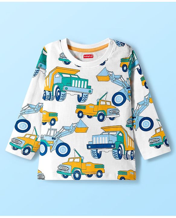 Babyhug Cotton Knit Full Sleeves Co-ord Night Suit With Truck Print - White
