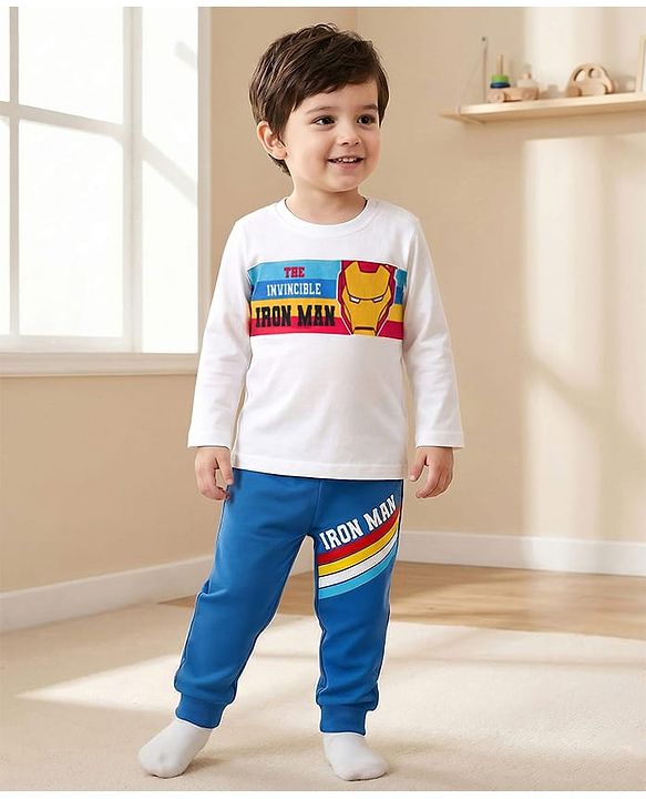 Babyhug Marvel Single Jersey Knit Full Sleeves Night Suit With Avengers Print - White & Blue