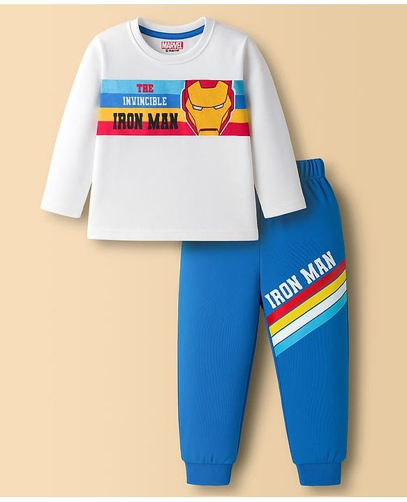 Babyhug Marvel Single Jersey Knit Full Sleeves Night Suit With Avengers Print - White & Blue