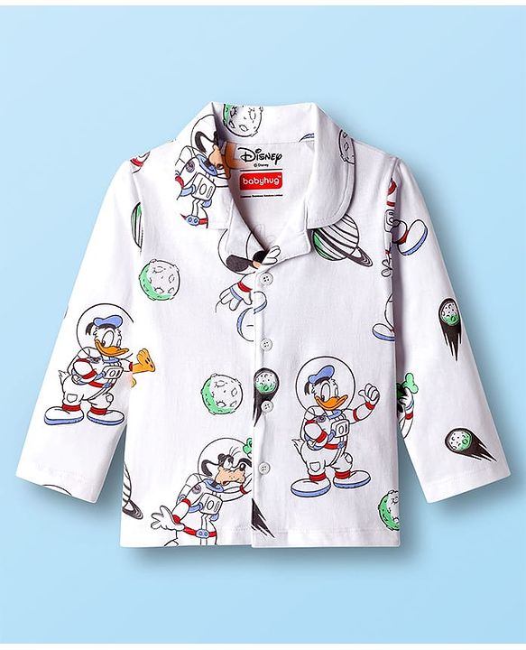 Babyhug Disney Single Jersey Knit Full Sleeves Co-ord Night Suit With Mickey Mouse Print - White