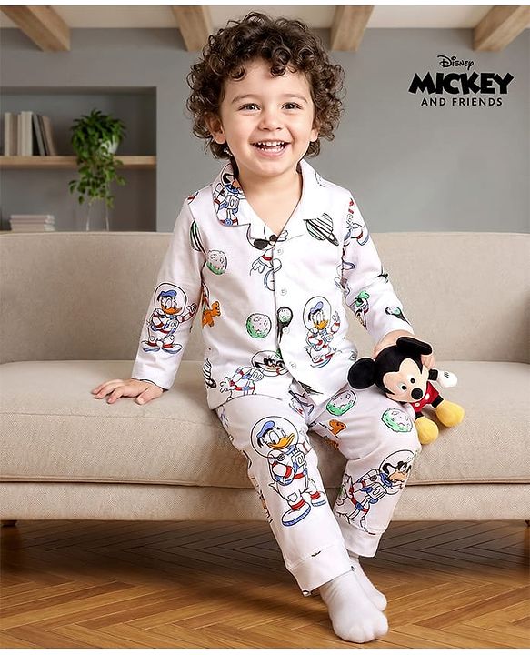 Babyhug Disney Single Jersey Knit Full Sleeves Co-ord Night Suit With Mickey Mouse Print - White