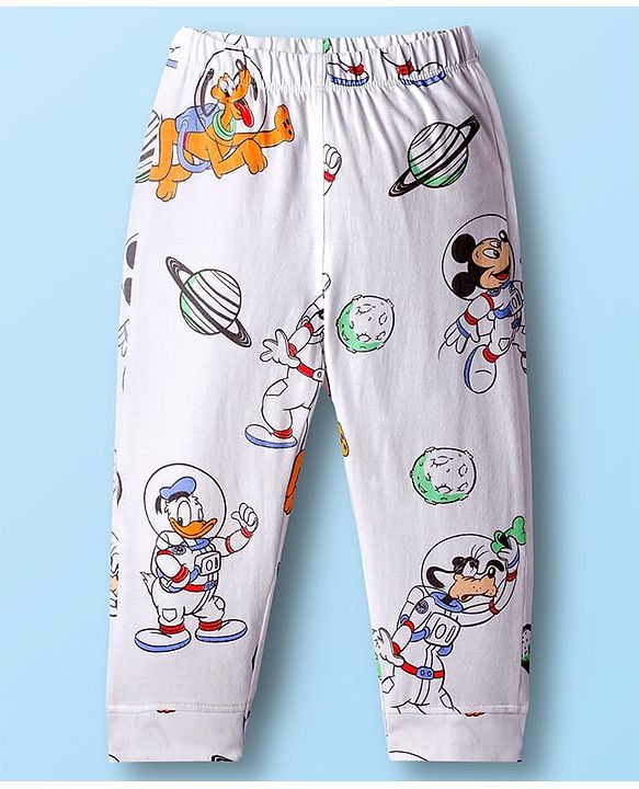 Babyhug Disney Single Jersey Knit Full Sleeves Co-ord Night Suit With Mickey Mouse Print - White