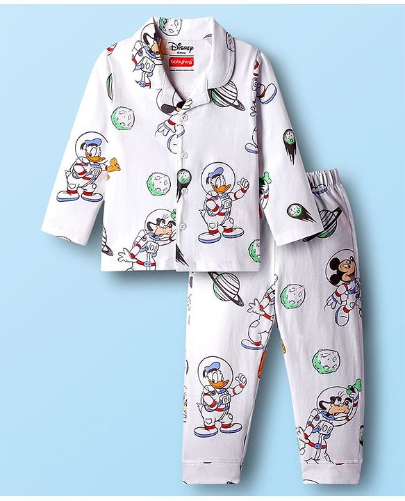 Babyhug Disney Single Jersey Knit Full Sleeves Co-ord Night Suit With Mickey Mouse Print - White
