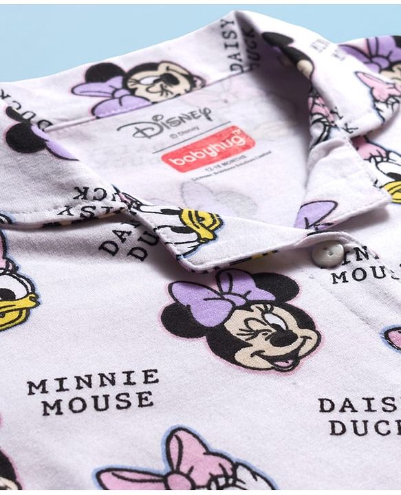 Babyhug Disney Single Jersey Knit Full Sleeves Co-ords Night Suit with Minnie Mouse Print - White