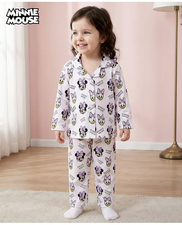 Babyhug Disney Single Jersey Knit Full Sleeves Co-ords Night Suit with Minnie Mouse Print - White