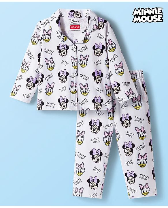 Babyhug Disney Single Jersey Knit Full Sleeves Co-ords Night Suit with Minnie Mouse Print - White