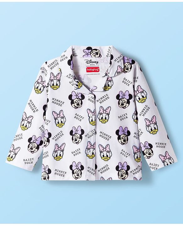 Babyhug Disney Single Jersey Knit Full Sleeves Co-ords Night Suit with Minnie Mouse Print - White