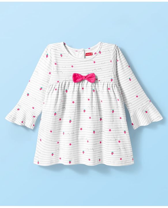 Babyhug Cotton Knit Full Sleeves Night Suit With Strawberry Print & Bow Applique - Pink & White