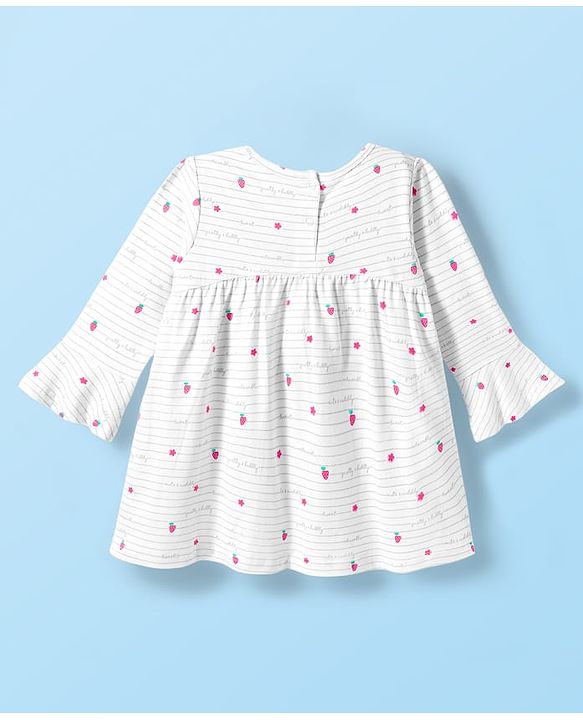 Babyhug Cotton Knit Full Sleeves Night Suit With Strawberry Print & Bow Applique - Pink & White