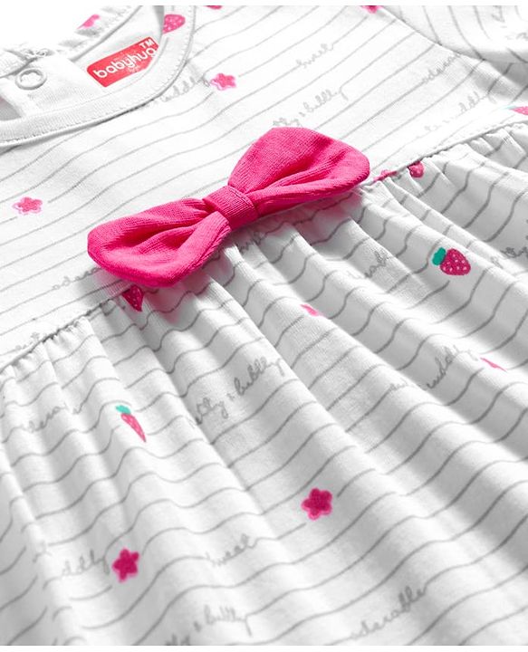 Babyhug Cotton Knit Full Sleeves Night Suit With Strawberry Print & Bow Applique - Pink & White