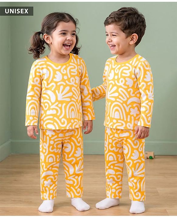 Babyhug Cotton Knit Full Sleeves Printed Co-ord Night Suit - Orange