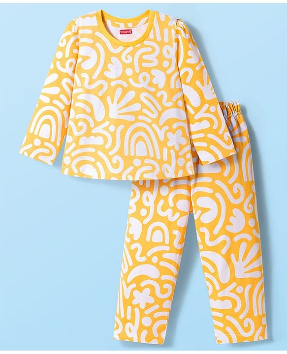 Babyhug Cotton Knit Full Sleeves Printed Co-ord Night Suit - Orange