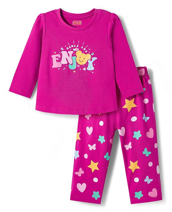 Babyhug Cotton Knit Full Sleeves Night Suit with Star Print - Purple