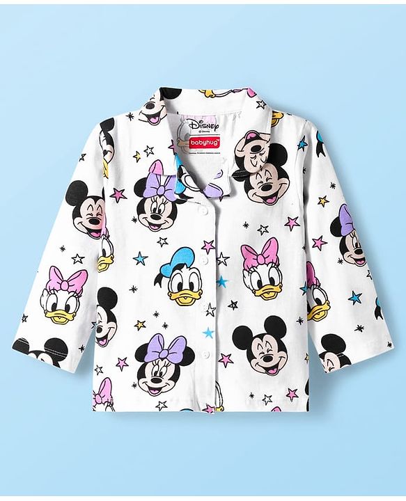 Babyhug Disney Single Jersey Knit Full Sleeves Co-ords Night Suit With Minnie Mouse Print - White