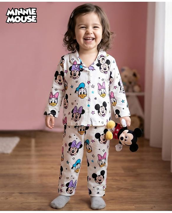 Babyhug Disney Single Jersey Knit Full Sleeves Co-ords Night Suit With Minnie Mouse Print - White