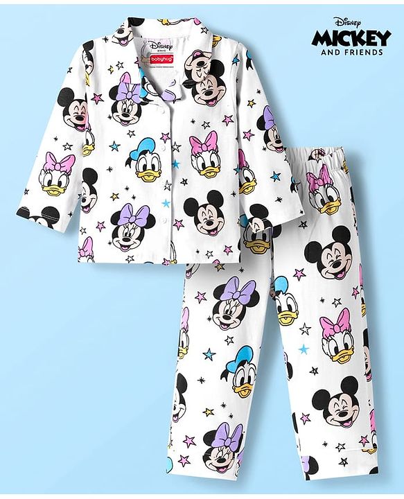 Babyhug Disney Single Jersey Knit Full Sleeves Co-ords Night Suit With Minnie Mouse Print - White