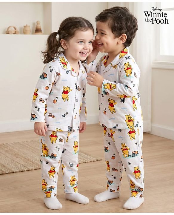 Babyhug Disney Single Jersey Knit Full Sleeves Co-ords Night Suit With Winnie The Pooh Print - White