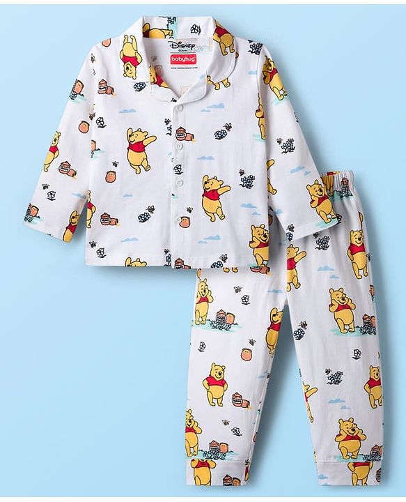 Babyhug Disney Single Jersey Knit Full Sleeves Co-ords Night Suit With Winnie The Pooh Print - White
