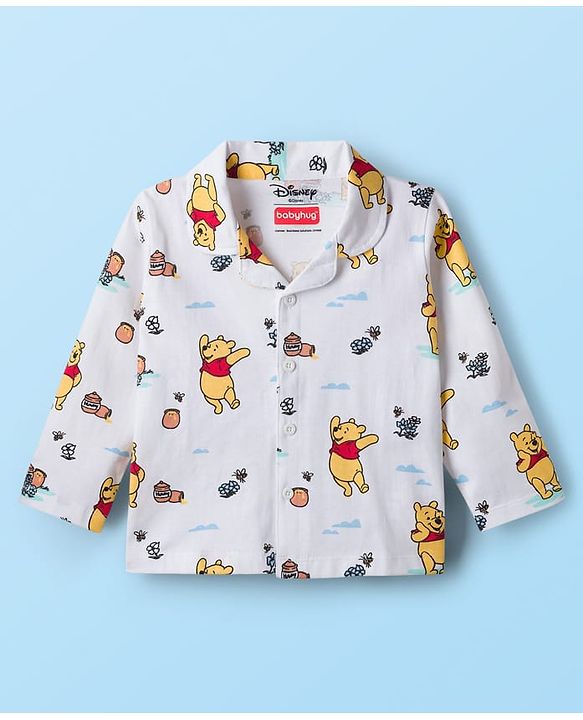 Babyhug Disney Single Jersey Knit Full Sleeves Co-ords Night Suit With Winnie The Pooh Print - White