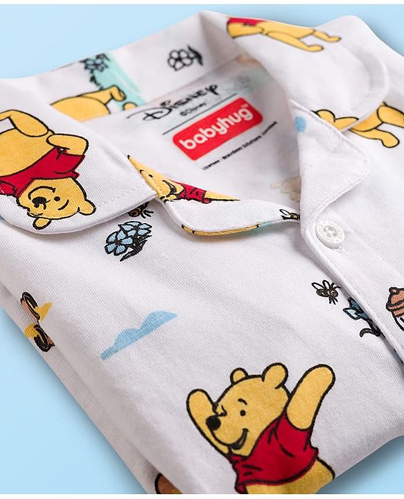 Babyhug Disney Single Jersey Knit Full Sleeves Co-ords Night Suit With Winnie The Pooh Print - White