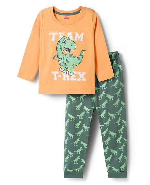 Babyhug Cotton Knit Full Sleeves Night Suit With Dino Print - Orange
