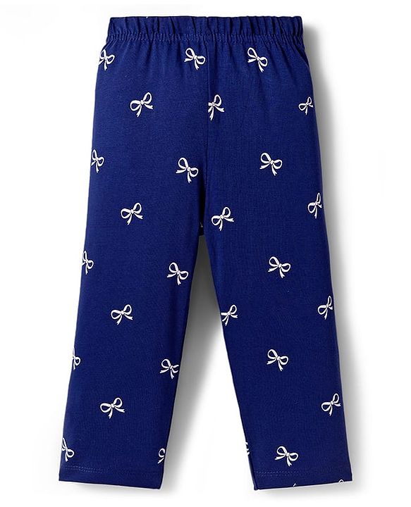 Babyhug Cotton Knit Full Sleeves Night Suit with Bow Print - Navy Blue