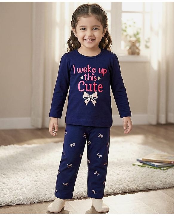 Babyhug Cotton Knit Full Sleeves Night Suit with Bow Print - Navy Blue