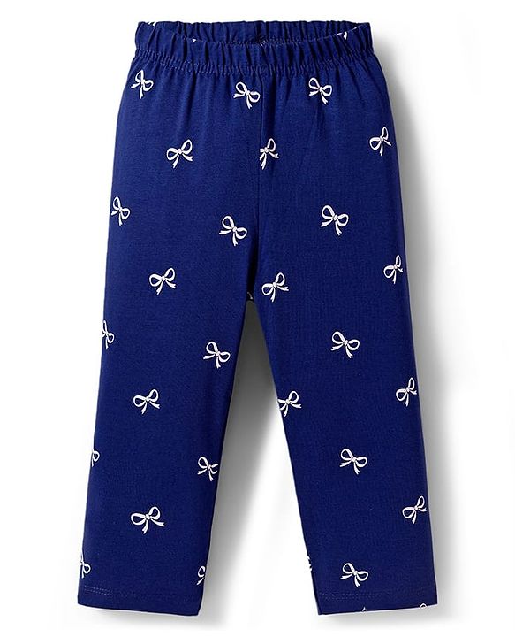 Babyhug Cotton Knit Full Sleeves Night Suit with Bow Print - Navy Blue