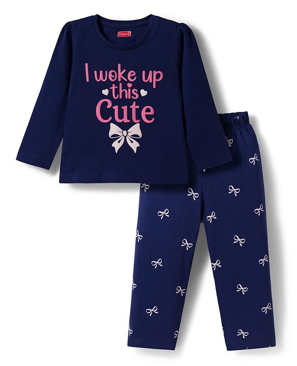 Babyhug Cotton Knit Full Sleeves Night Suit with Bow Print - Navy Blue