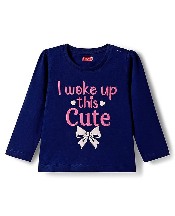 Babyhug Cotton Knit Full Sleeves Night Suit with Bow Print - Navy Blue