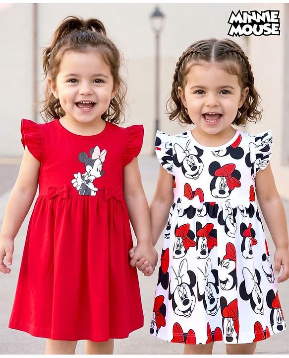 Babyhug Disney Single Jersey Knit Frill Sleeves Frocks with Minnie Mouse Graphic & Bow Applique Pack of 2 - White & Red