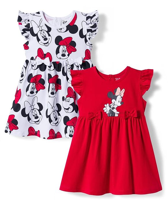 Babyhug Disney Single Jersey Knit Frill Sleeves Frocks with Minnie Mouse Graphic & Bow Applique Pack of 2 - White & Red