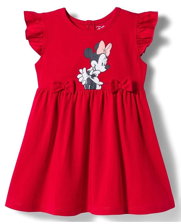 Babyhug Disney Single Jersey Knit Frill Sleeves Frocks with Minnie Mouse Graphic & Bow Applique Pack of 2 - White & Red
